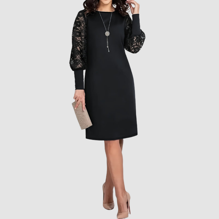 Dolly™ floral lace-trimmed dress, black, round neck, lace sleeves, straight knee length
