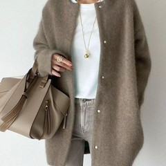 Light brown round-neck button-front cardigan with long sleeves