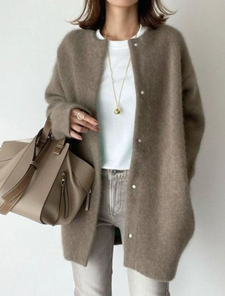 Light brown round-neck button-front cardigan with long sleeves