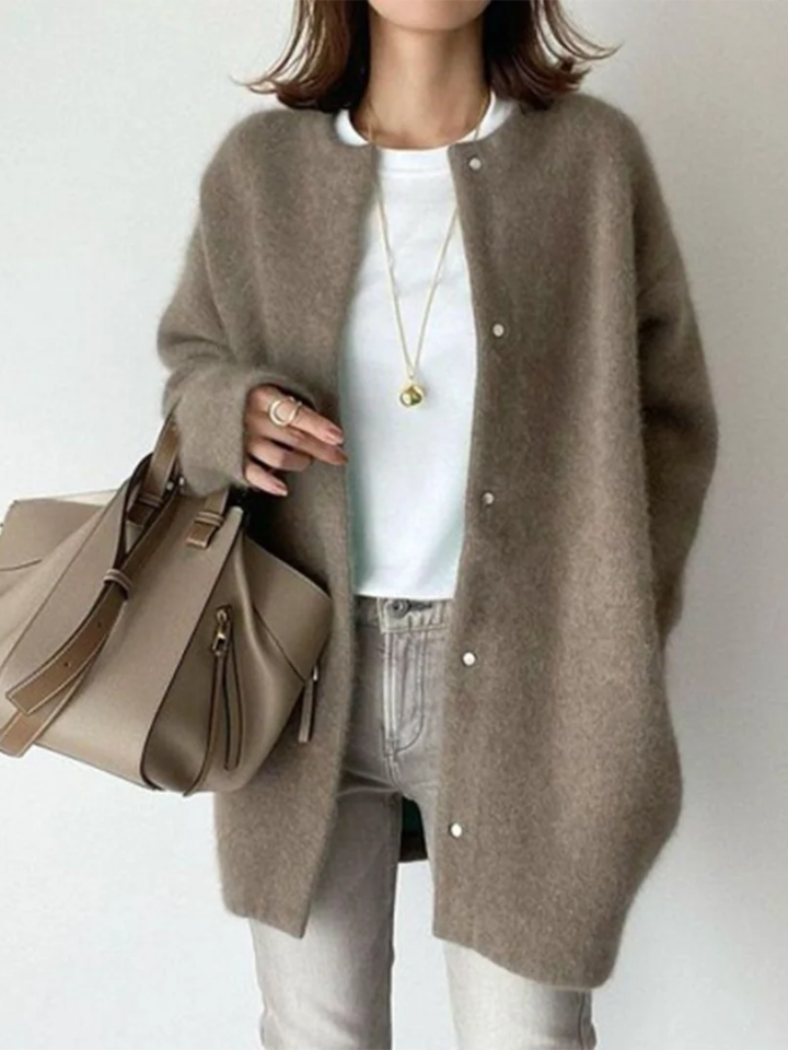 Light brown round-neck button-front cardigan with long sleeves