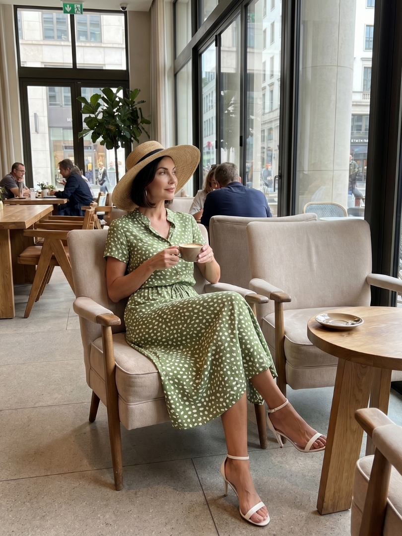 Green printed button-front belted midi dress seated, short sleeves and V-neck
