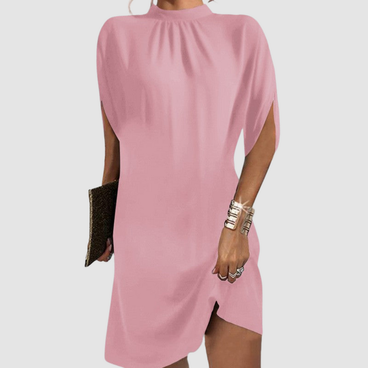 Pink short sleeve dress with high gathered neckline and side slit at hem