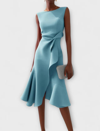 Light blue draped asymmetric midi dress, sleeveless with knotted side detail and flared hem