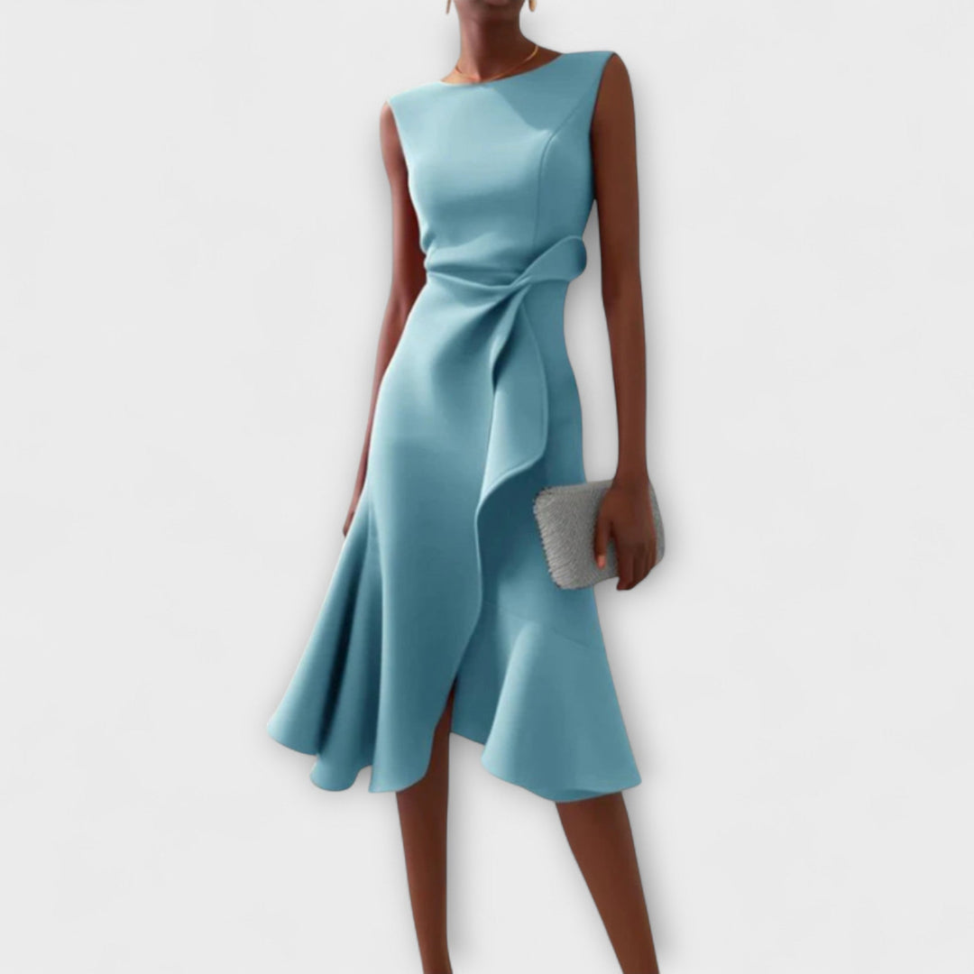 Light blue draped asymmetric midi dress, sleeveless with knotted side detail and flared hem