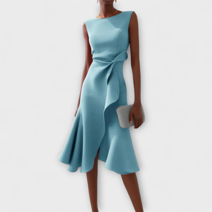Light blue draped asymmetric midi dress, sleeveless with knotted side detail and flared hem