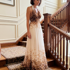 Pleated halter midi dress, white with brown leopard print and full gathered skirt