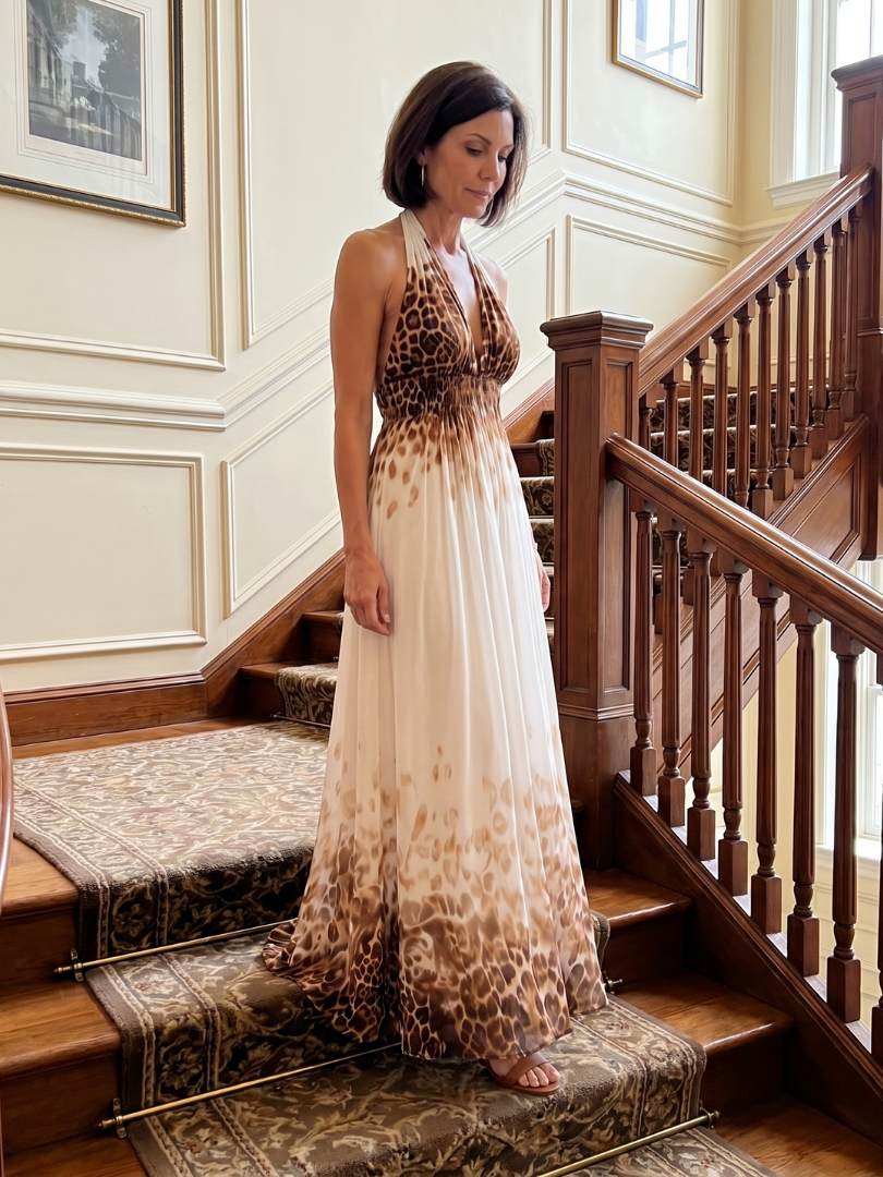 Pleated halter midi dress, white with brown leopard print and full gathered skirt