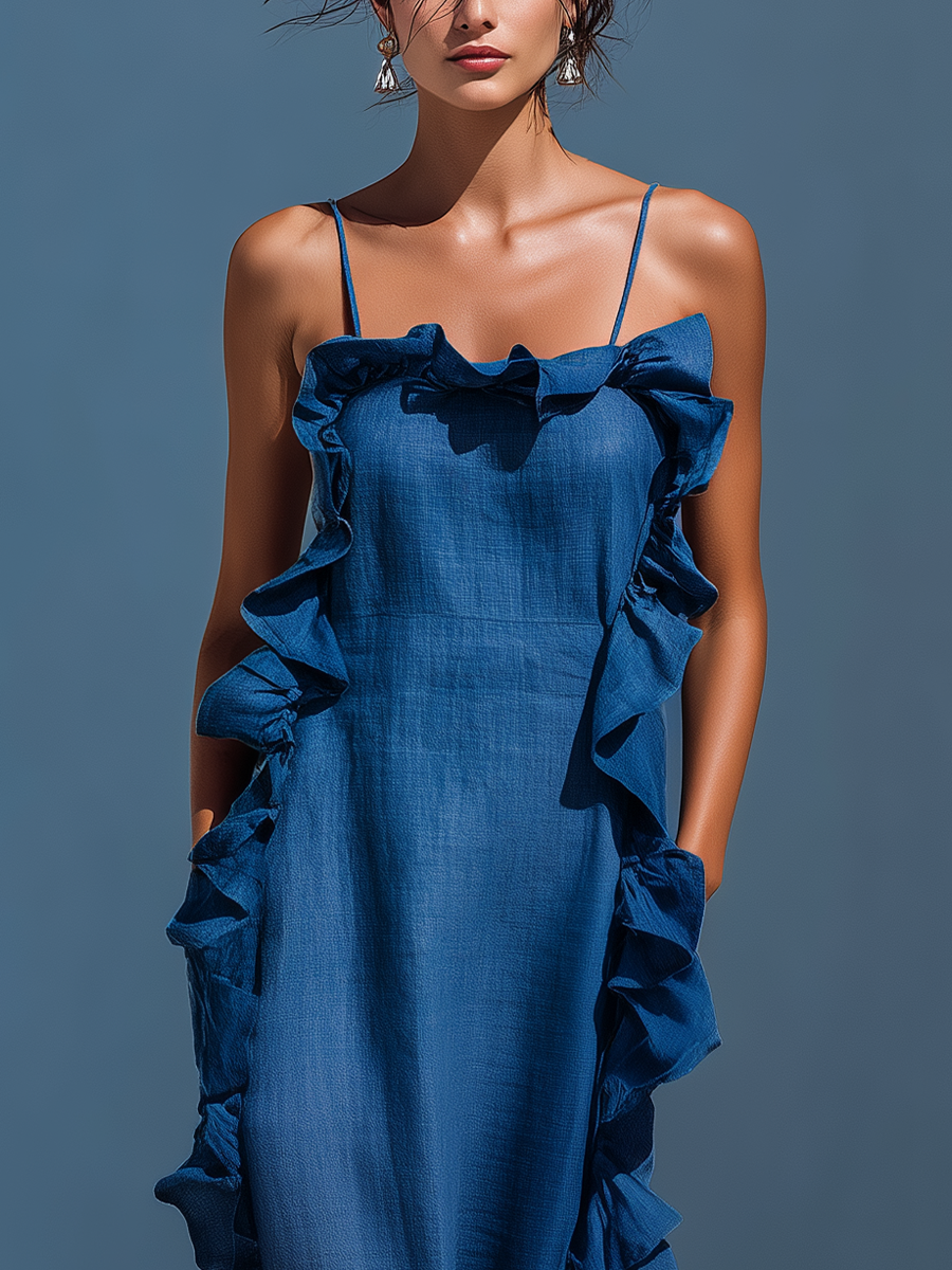 Blue maxi dress with spaghetti straps and layered ruffle detail at bust and sides