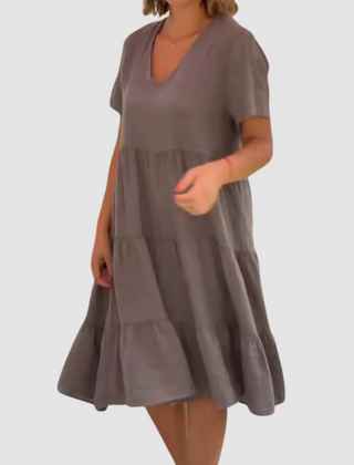 Mauve V-neck short-sleeve soft dress with tiered skirt layers and relaxed A-line fit