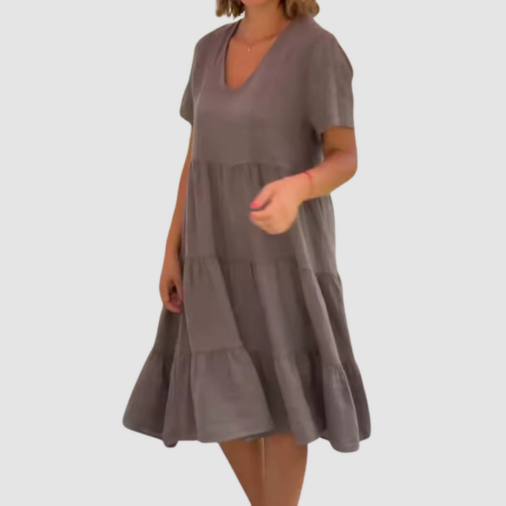 Mauve V-neck short-sleeve soft dress with tiered skirt layers and relaxed A-line fit