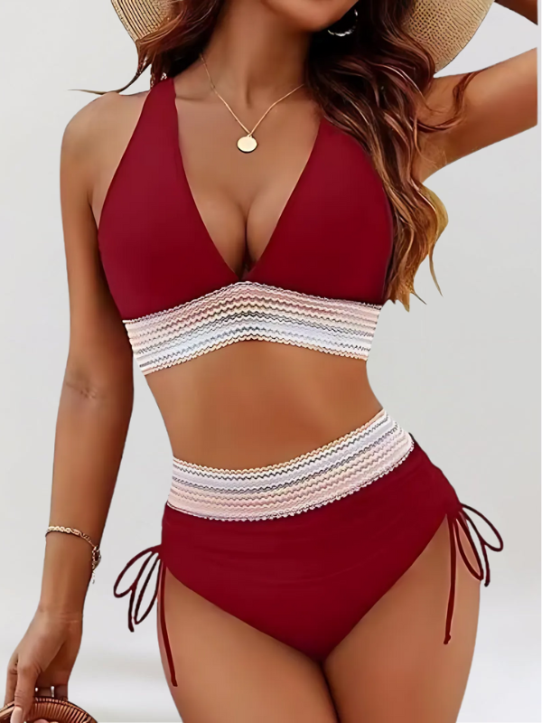 Red tummy coverage bikini set with striped mid-band and ruched tie-side bottoms