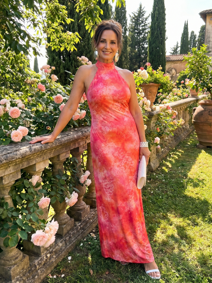 Orange halter neck maxi dress with pink patterned abstract print, long flowing hem