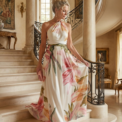 Light floral halter maxi dress with pink, green, and peach print