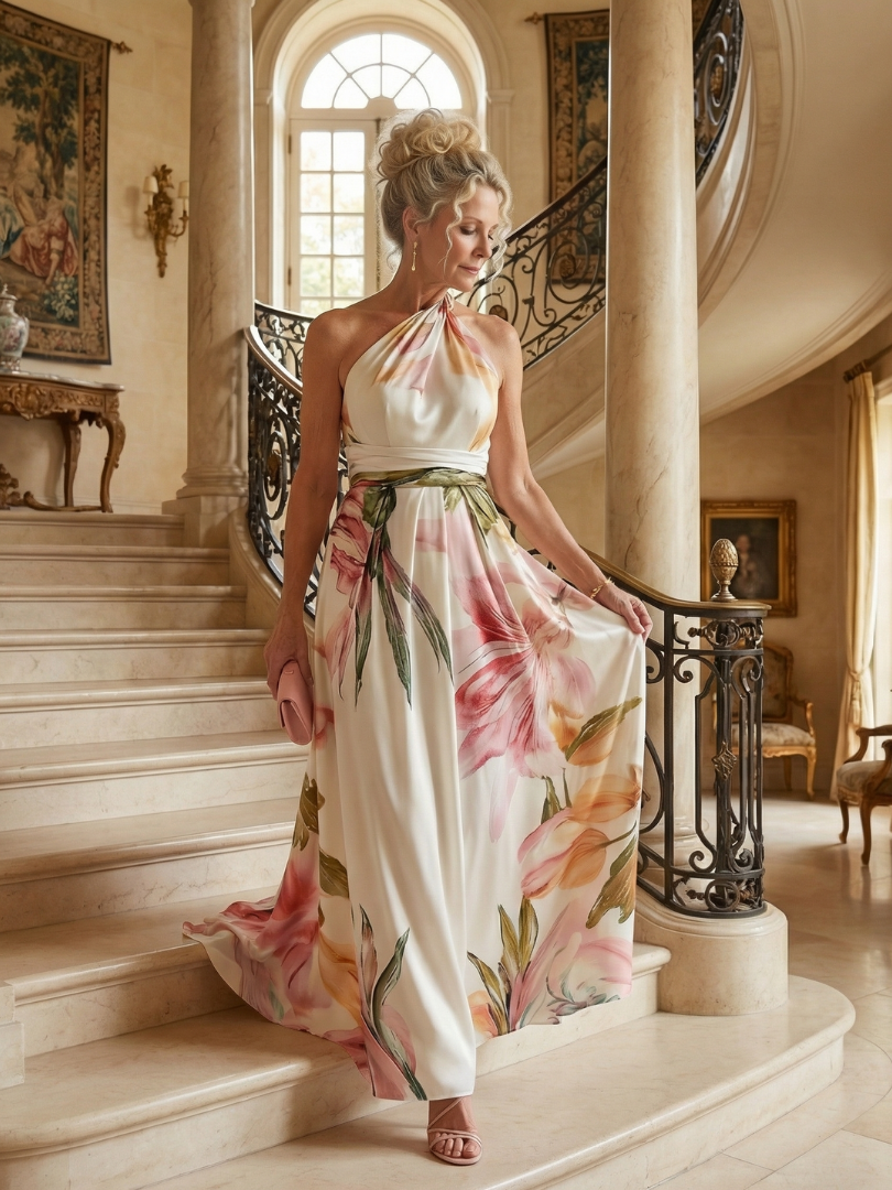 Light floral halter maxi dress with pink, green, and peach print