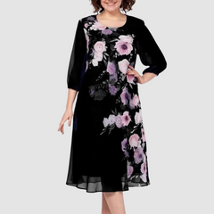 Black floral midi dress with sheer 3/4 sleeves and round neckline