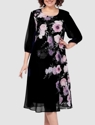Black floral midi dress with sheer 3/4 sleeves and round neckline