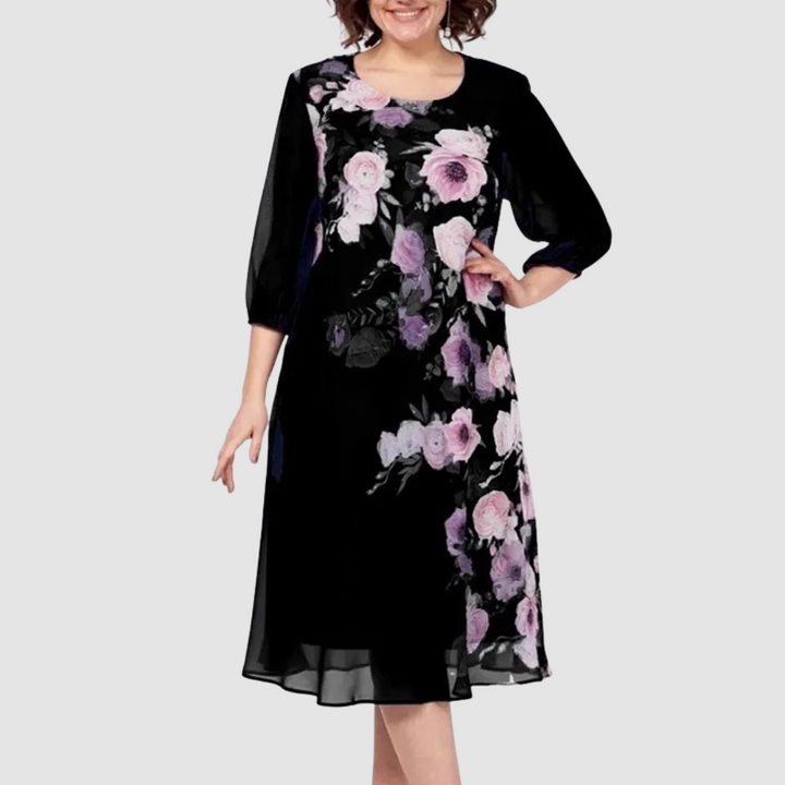 Black floral midi dress with sheer 3/4 sleeves and round neckline