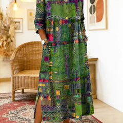 Green and purple multicolor patchwork ethnic dress with 3/4 sleeves and round neckline, slit