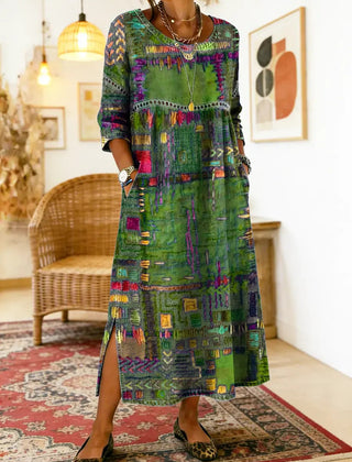 Green and purple multicolor patchwork ethnic dress with 3/4 sleeves and round neckline, slit