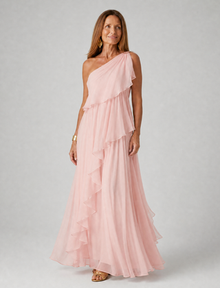 Pink one-shoulder maxi dress with layered ruffles and airy chiffon skirt