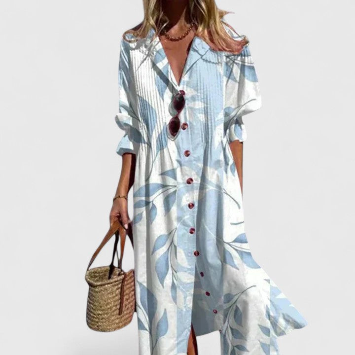 Light blue boho dress with leaf print, V-neck and button-front with short sleeves