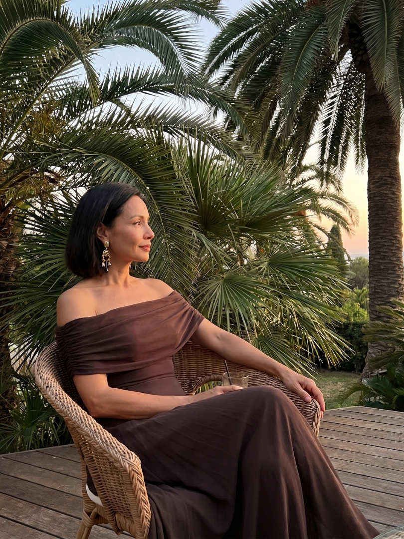 Off-shoulder draped midi dress in brown, seated side view with gathered neckline