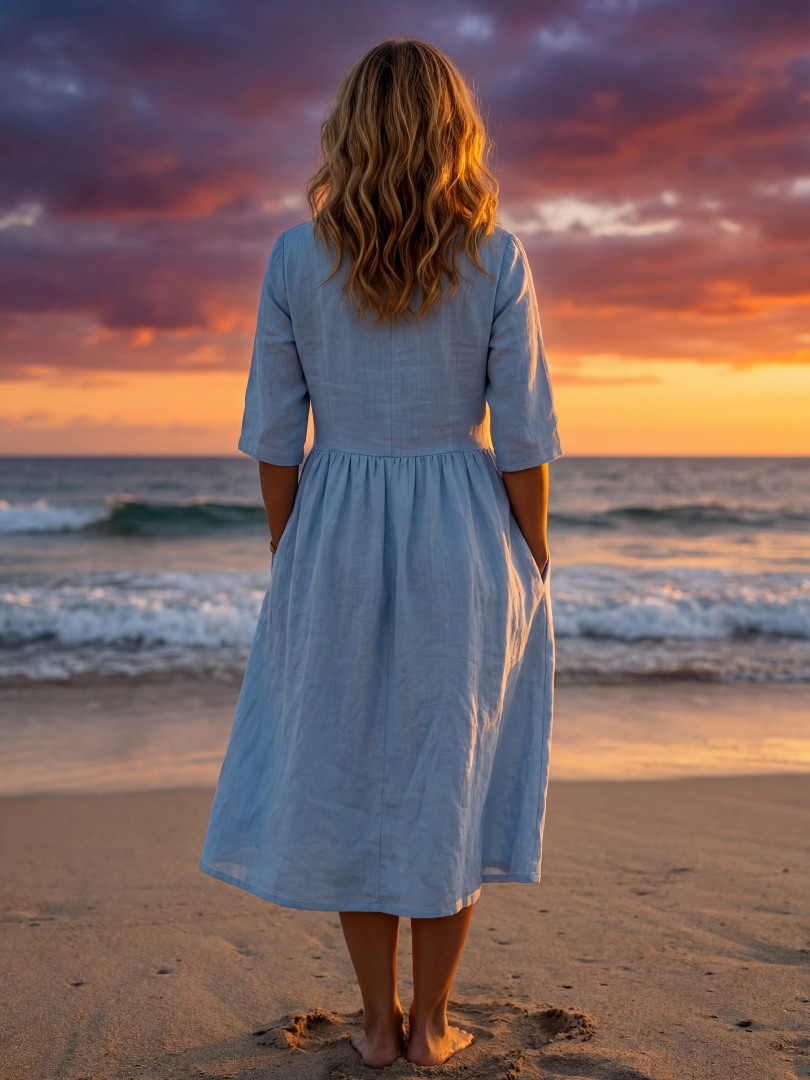 Light blue midi dress back view with gathered waist and three-quarter sleeves