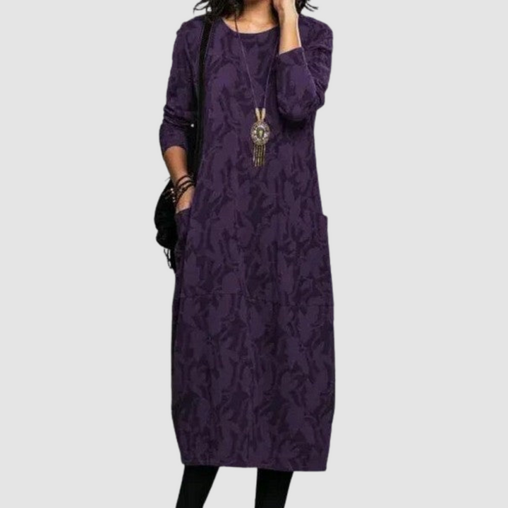 Bethanie™ elegant soft dress, purple leaf-print tiered midi with long sleeves