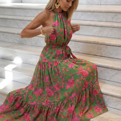 Floral halter midi dress, green with pink rose-and-leaf print, tiered skirt and waist tie