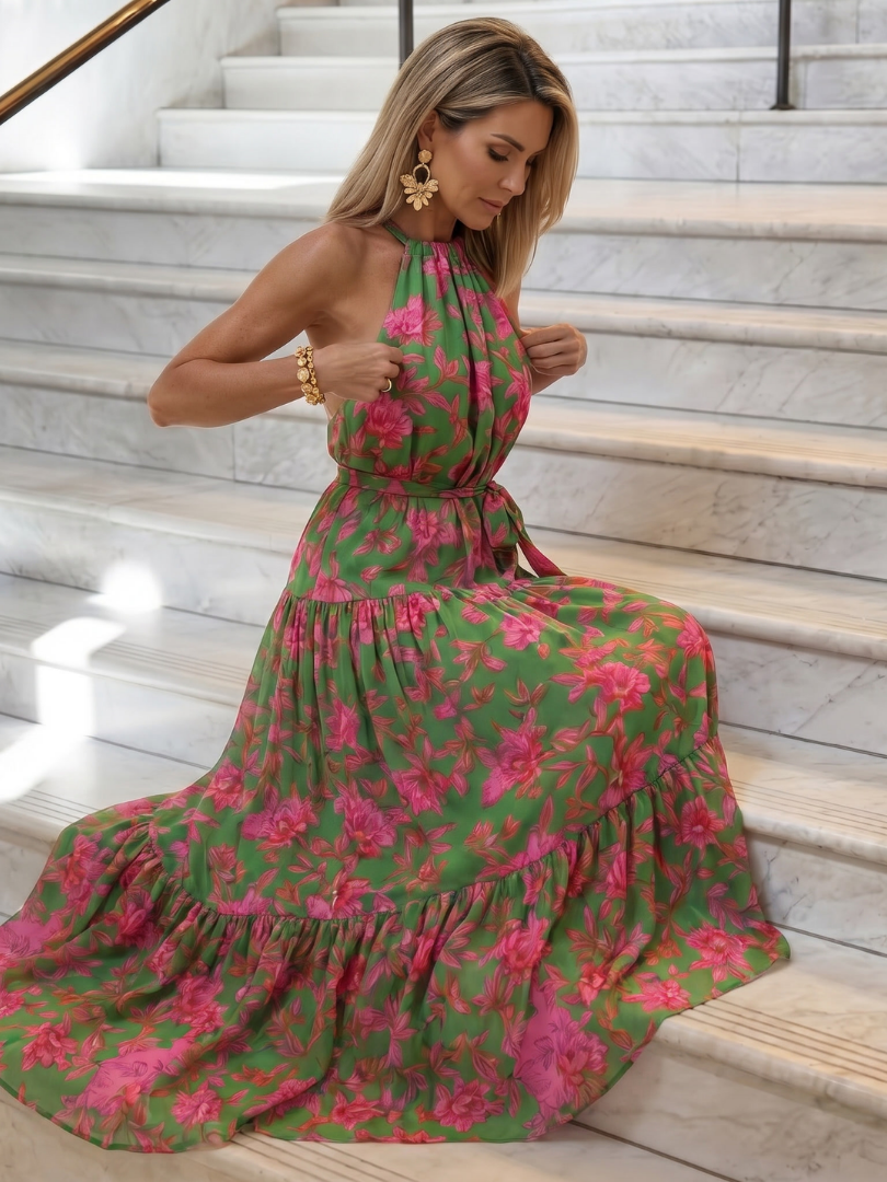 Floral halter midi dress, green with pink rose-and-leaf print, tiered skirt and waist tie