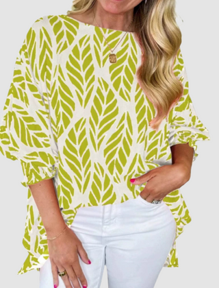 White and lime leaf-pattern loose blouse with round neck and loose elbow-length sleeves