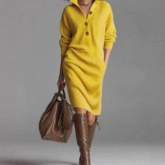 Warm knit button-front dress, yellow, long sleeves, collared neckline