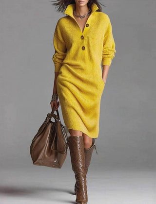 Warm knit button-front dress, yellow, long sleeves, collared neckline