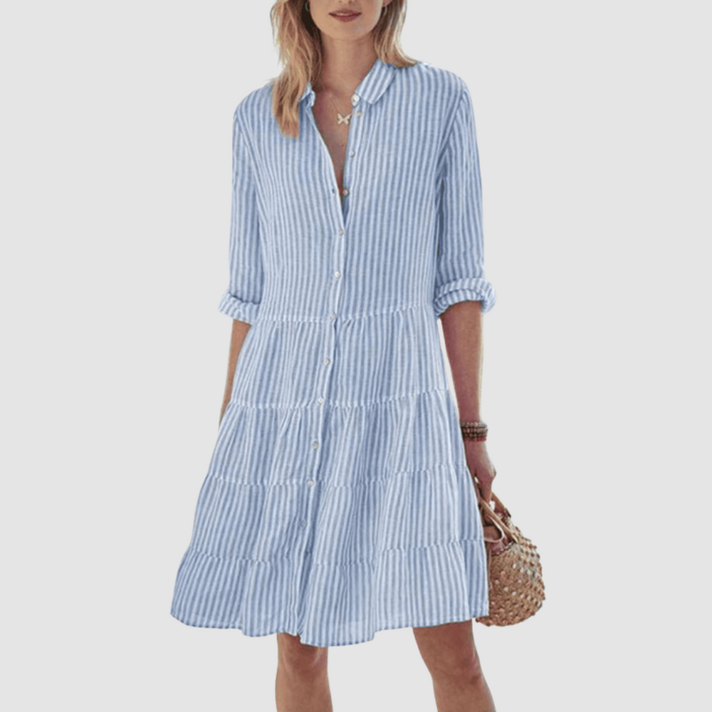 Blue striped tiered shirt dress with button-up placket and short ruffle sleeves