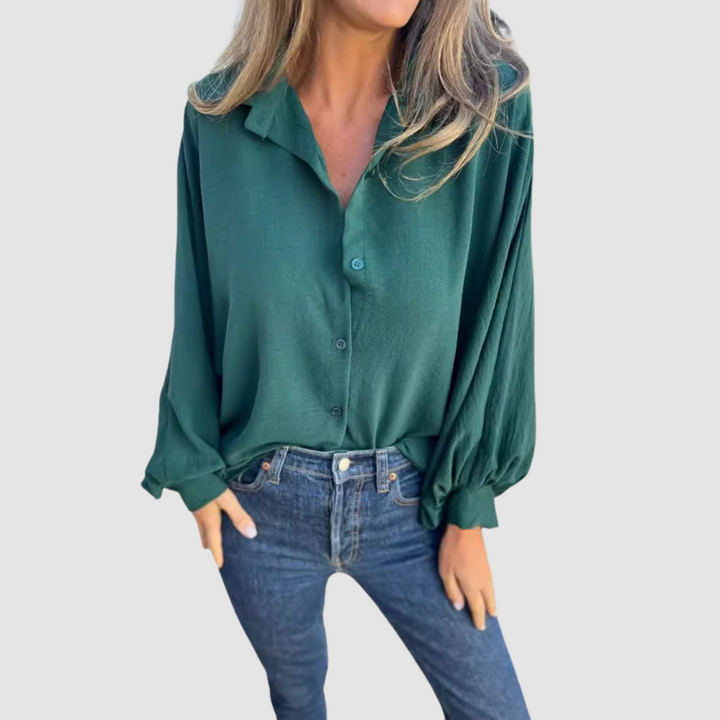 Green oversized button-up blouse with collar and front buttons, long sleeves