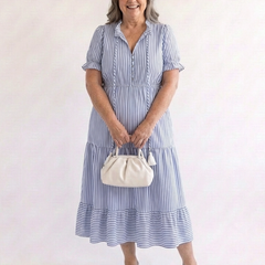 Sky blue striped tiered midi dress with V-neck, puff sleeves and tiered stripe hem