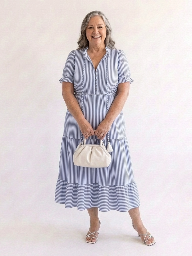 Sky blue striped tiered midi dress with V-neck, puff sleeves and tiered stripe hem