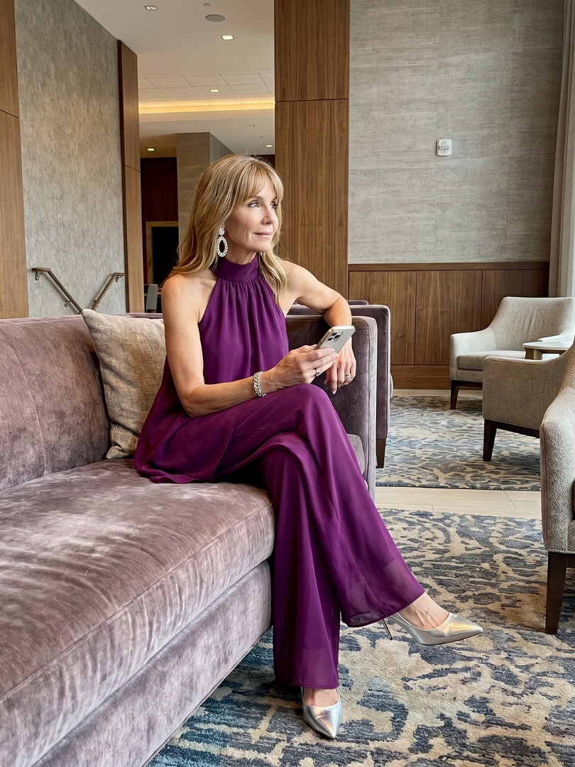 Purple halter-neck tunic set with flowing layered drape and wide-leg pants