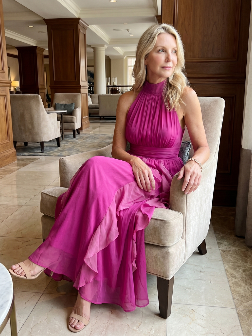 Pink high-neck sleeveless maxi dress with ruched bodice and layered ruffle skirt