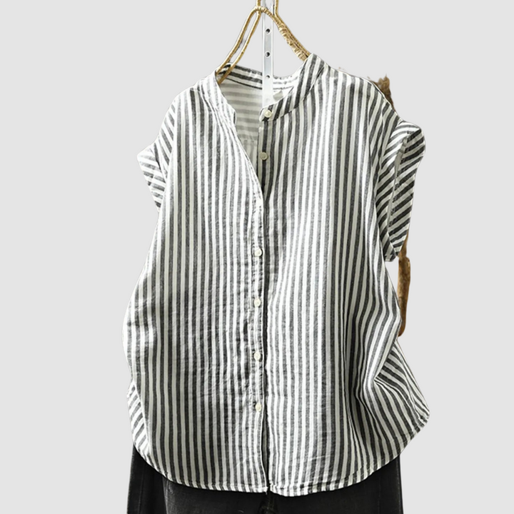 Vintage shirt with vertical white and dark stripes, button front, short sleeves
