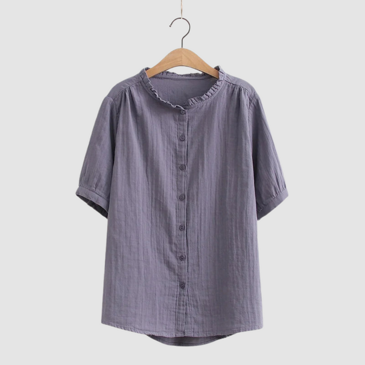 Purple blue lightweight cotton button-up shirt with short sleeves and gathered neckline