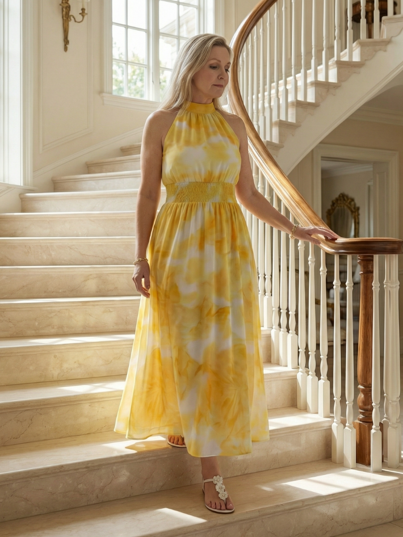 Yellow tie-dye gathered halter midi dress with ruched bodice and airy skirt.