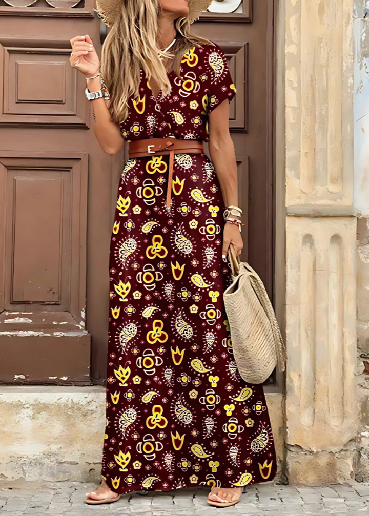 Burgundy long maxi dress with short sleeves, patterned print, side slit, brown belt