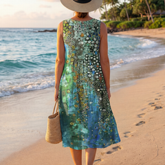 Back view of green ocean mosaic midi dress, sleeveless with circular print