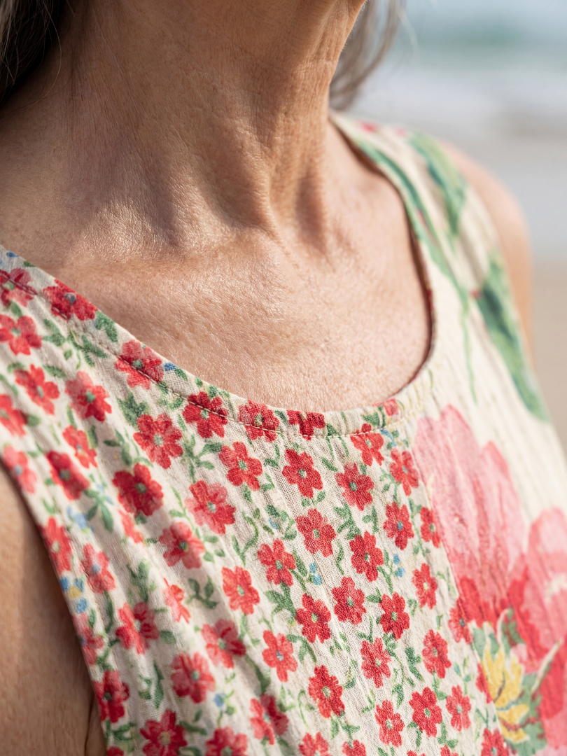 Floral midi dress close-up, scoop neckline and gathered bodice, multicolor floral print