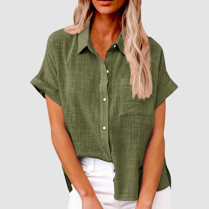 Army green button-up short-sleeve blouse with collar and chest pocket