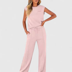 Light pink sleeveless top and drawstring wide-leg pants set