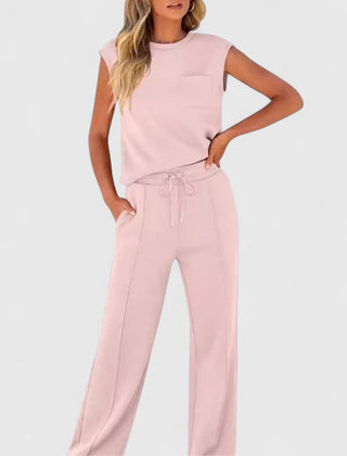 Light pink sleeveless top and drawstring wide-leg pants set