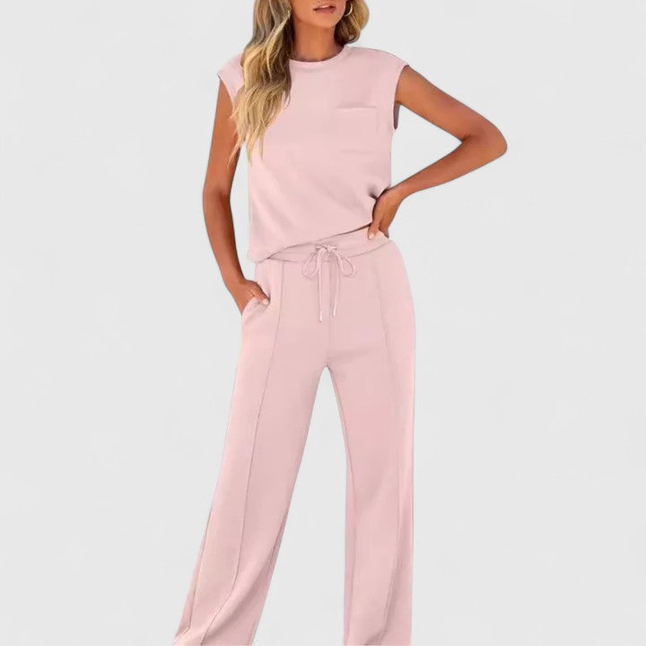 Light pink sleeveless top and drawstring wide-leg pants set
