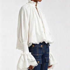 Vivienne blouse in white with lace-edged sleeves and scalloped hem detail